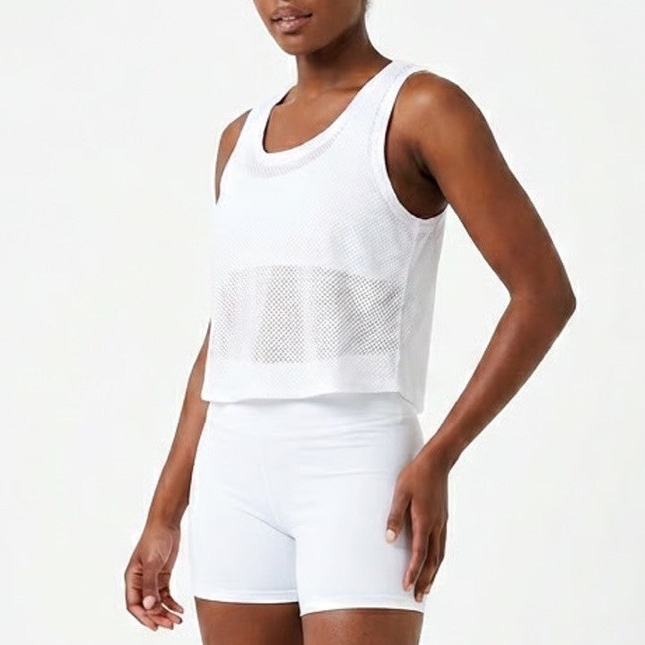 LA GEAR Crop Tank Top Women's Medium White Stretch Mesh Round Neck Pullover
