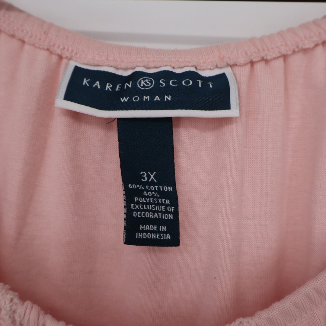 Karen Scott Woman Pink Lace Trim Button Front Short Sleeve Blouse Top 3X