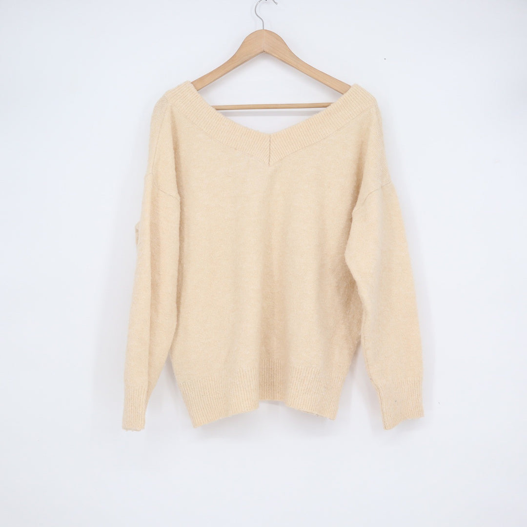 Topshop Womens V-Neck Pullover Sweater Cream Yellow Size 8-10 M Relaxed Knit