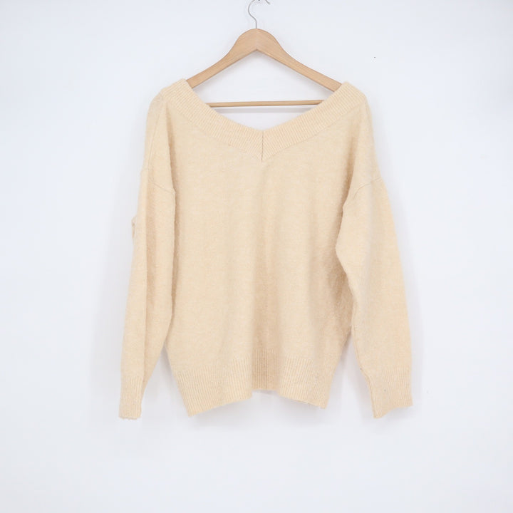 Topshop Womens V-Neck Pullover Sweater Cream Yellow Size 8-10 M Relaxed Knit