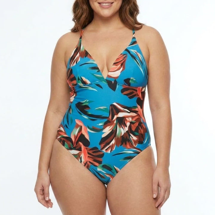 Calia Triangle Strappy Back One Piece Swimsuit 14 Tranquil Blue Floral