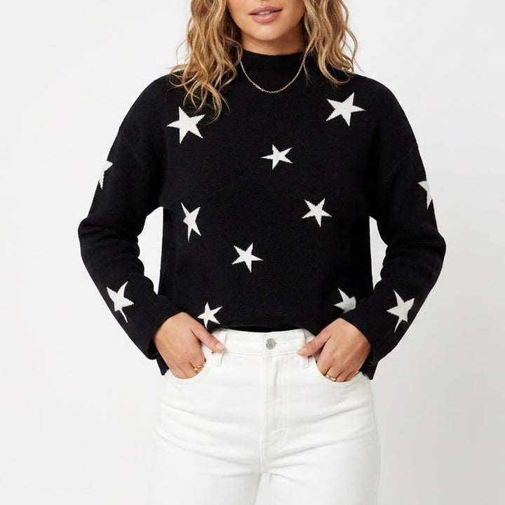 Tahari Womens Black White Star Intarsia Mock Neck Sweater Size L