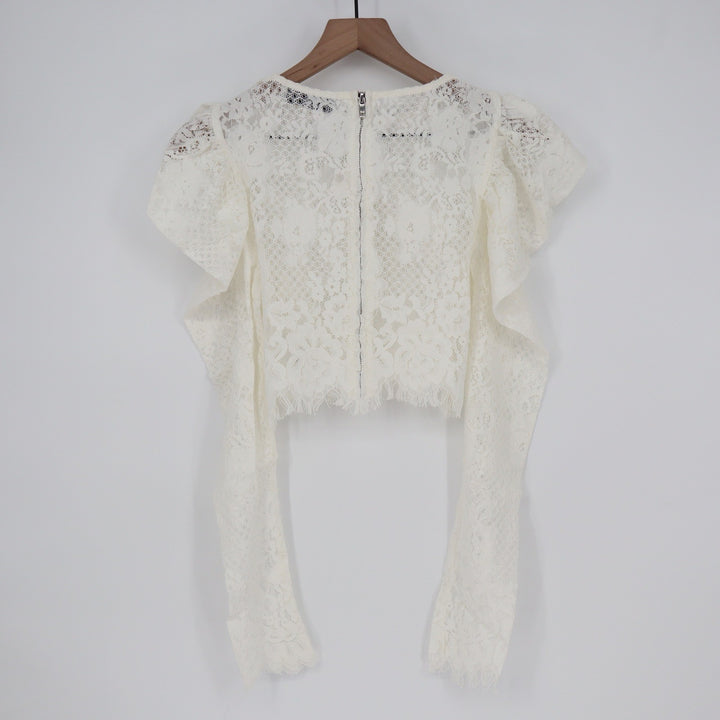 Naked Wardrobe Off White Lace Ruffle Crop Top NWSP20-T21 Small Statement Sleeve