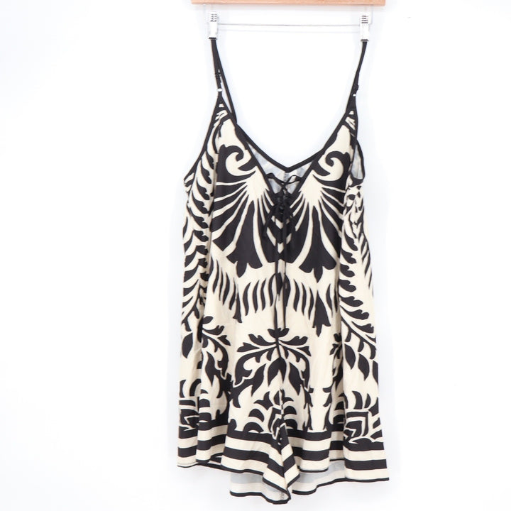 Nasty Gal Black Cream Damask Lace Up Romper Small