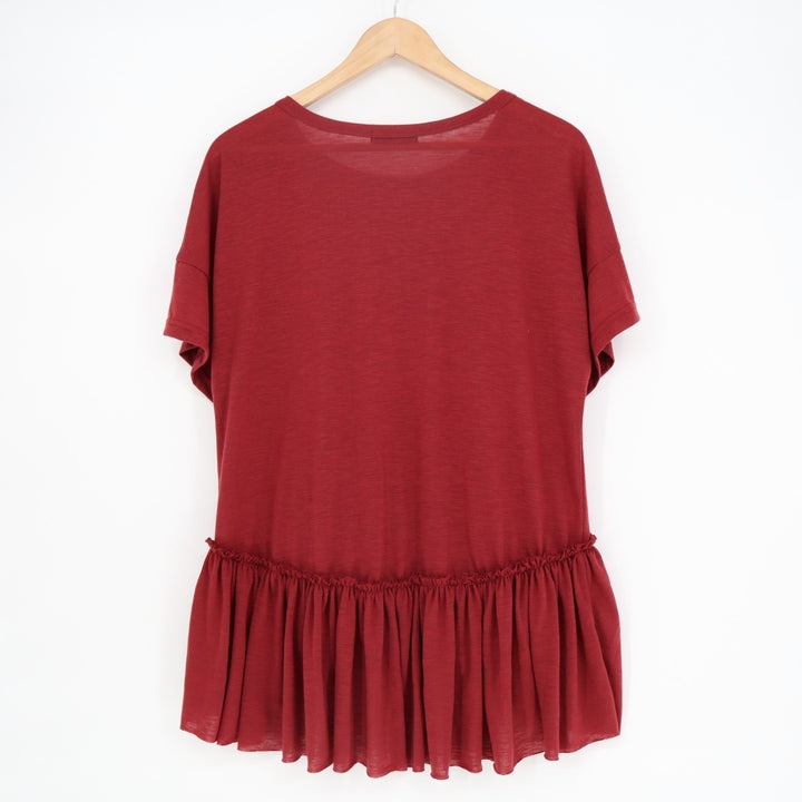 Shein T-Shirt Womens Large Red Dip Ruffle Hem Smock Drop Shoulder Short Sleeve