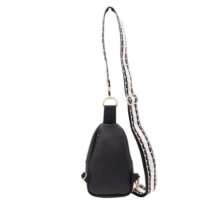 Ah-dorned Black Vegan Leather Sling Bag Gold Hardware Geometric Guitar Strap