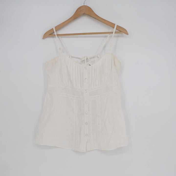 Hang Ten Tank Top Womens L White Cotton Lace Detail Button Front Spaghetti Strap