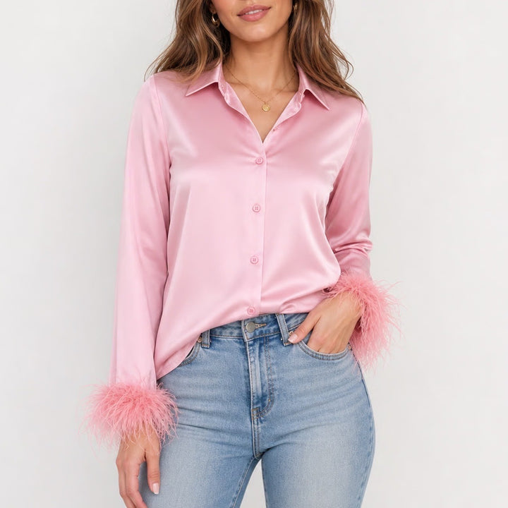 SHEIN Pink Satin Button Up Shirt Feather Trim Cuffs Womens Large KLB