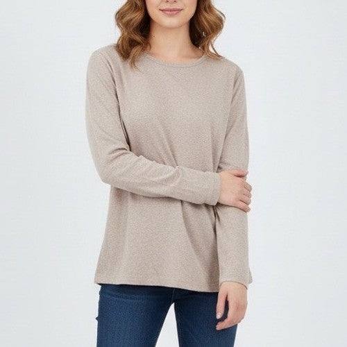 Duluth Trading T-Shirt Womens L Beige Knit Cotton Crew Neck Long Sleeve Pullover