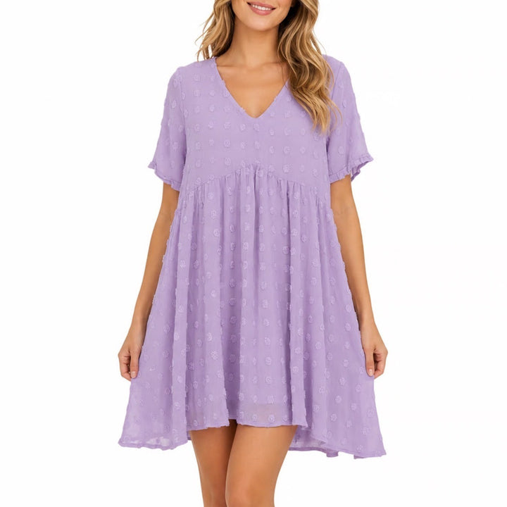 OURS Lavender Purple Swiss Dot Babydoll Mini Dress V-Neck Short Sleeve Medium