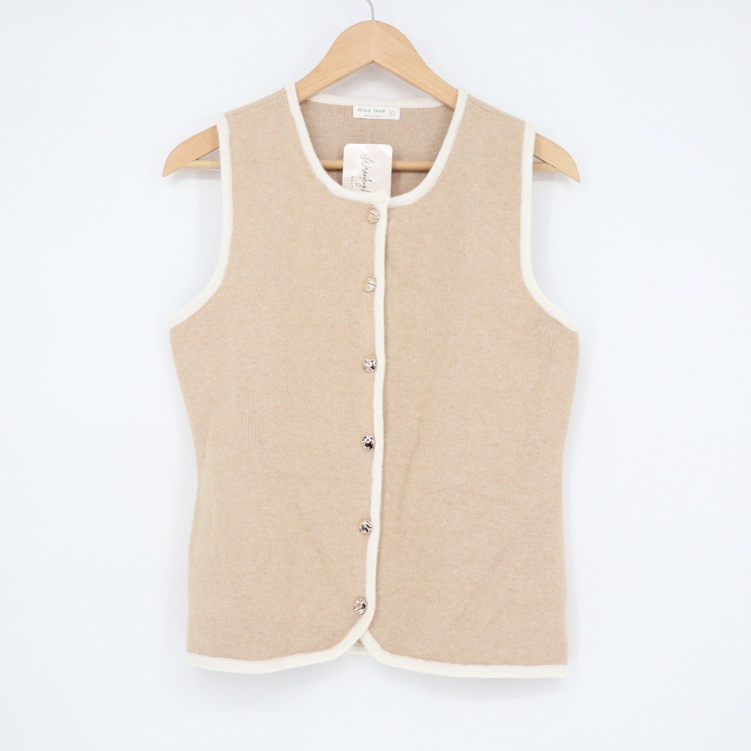 Miss Love Beaded Button Knit Vest Tank Top Size L Beige Cream Trim Sleeveless