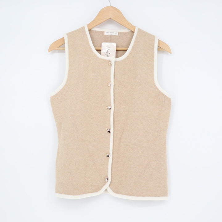 Miss Love Beaded Button Knit Vest Tank Top Size L Beige Cream Trim Sleeveless