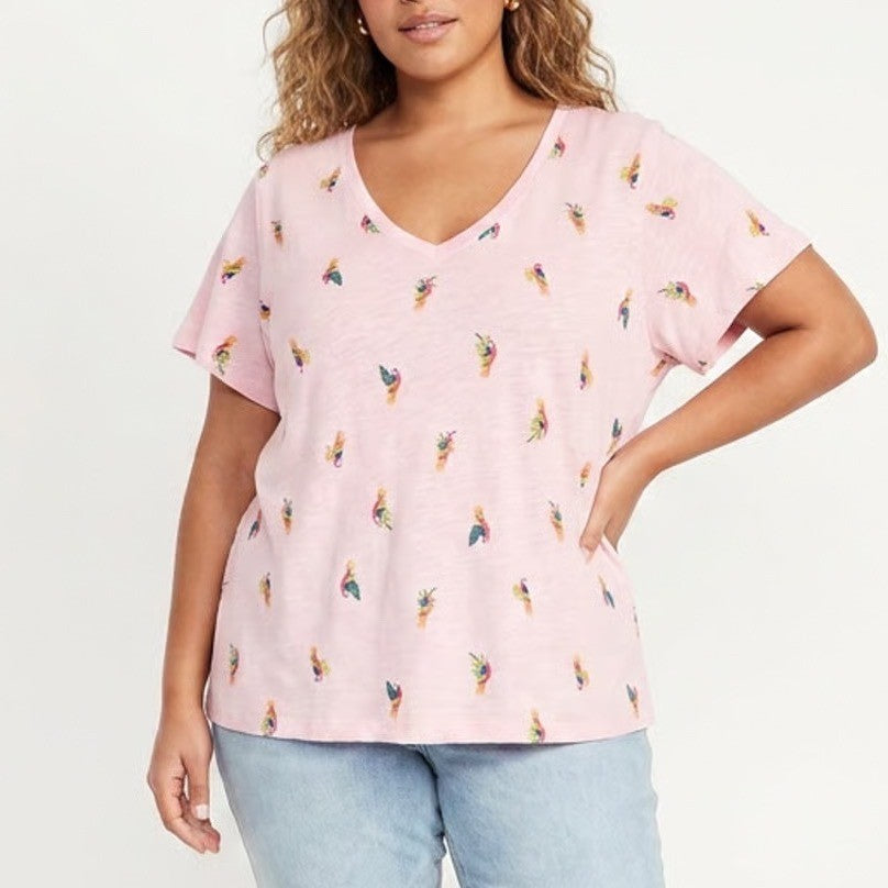 Old Navy Everywear Pink Parrot Print V-Neck Cotton T-Shirt XXL