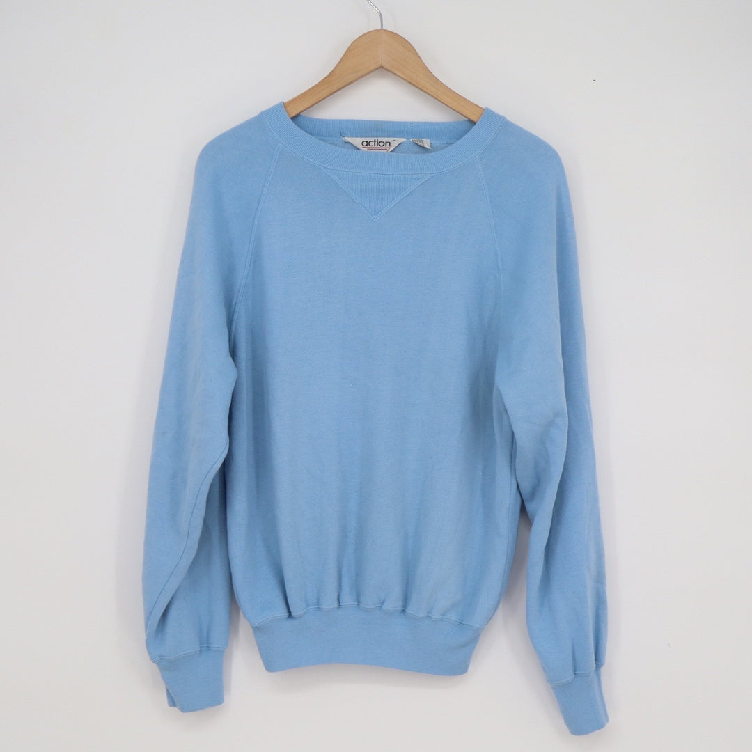 Vintage Action Blue Crewneck Sweatshirt Raglan V-Stitch Acrylic Mens Medium