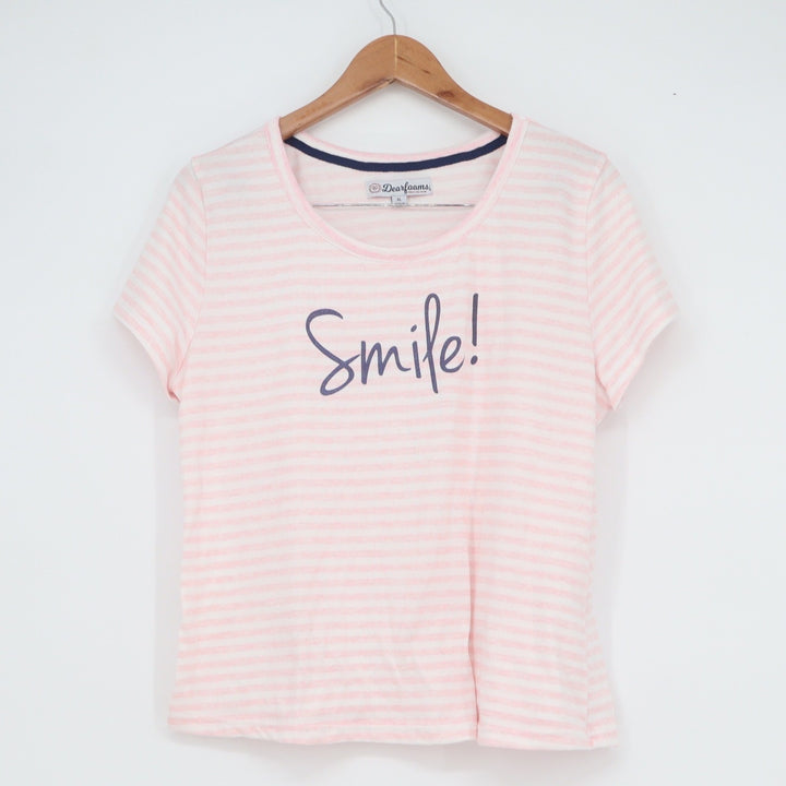 Dearfoams Womens XL Pajama Set Pink White Striped Smile Graphic Tee and Shorts