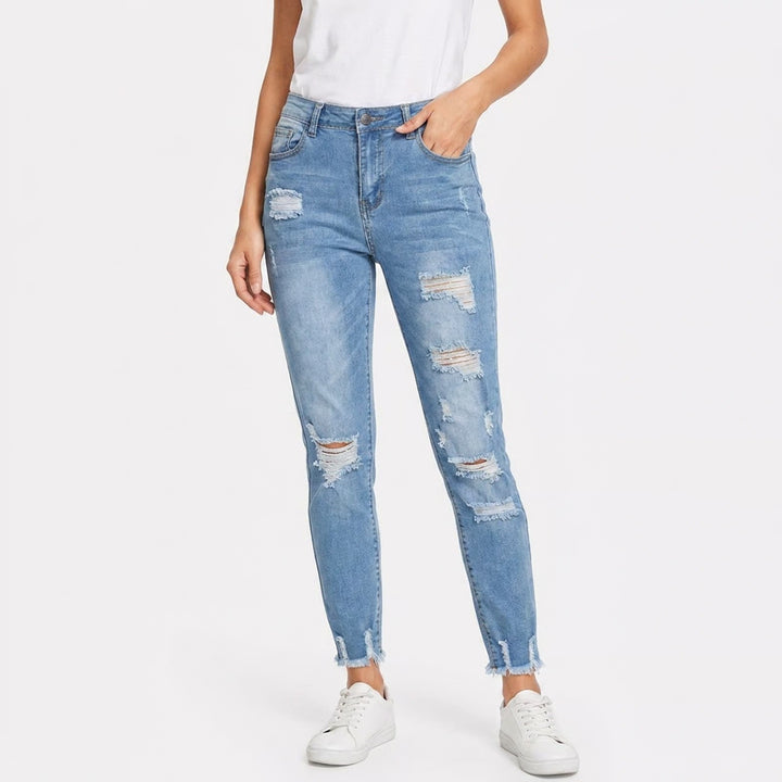Jeans Women Medium Blue Denim Cotton Stretch Distressed Raw Hem Straight Leg