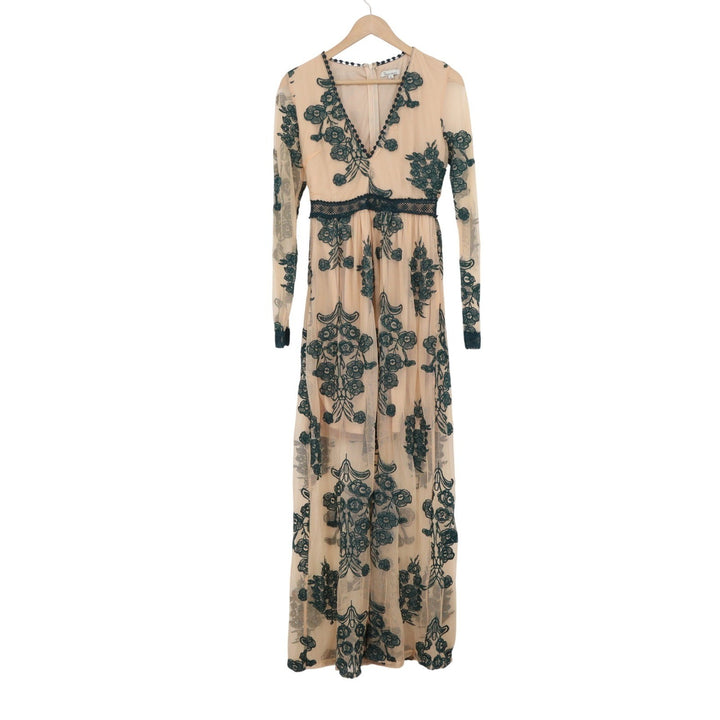 The Clothing Company Green Floral Embroidered Mesh Maxi Dress Nude Small