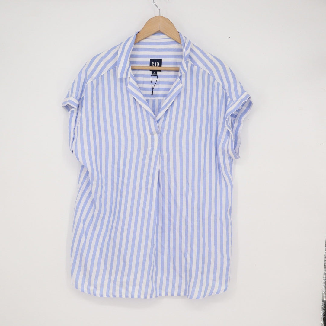 Gap Womens Blue White Striped Short Sleeve V-Neck Blouse Relaxed Fit Large