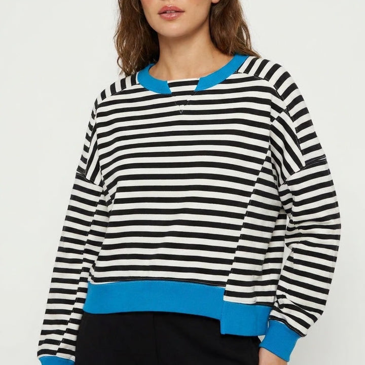 Merokeety Striped Sweatshirt XL Blue Trim Notched V-Neck Pullover Black White