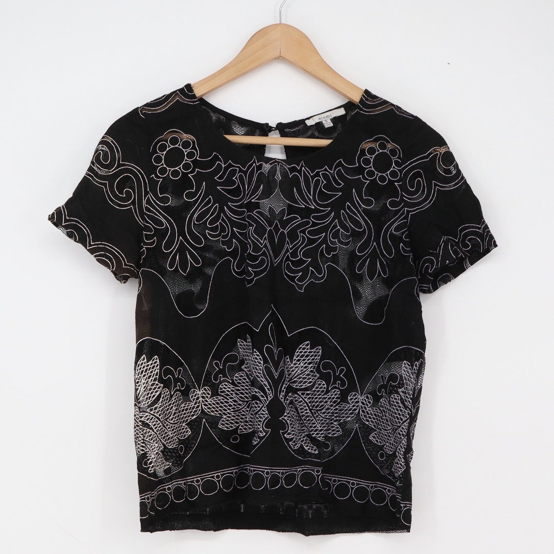 Acemi Top Womens S Y5696 Black Embroidered Lace Mesh Short Sleeve Excellent