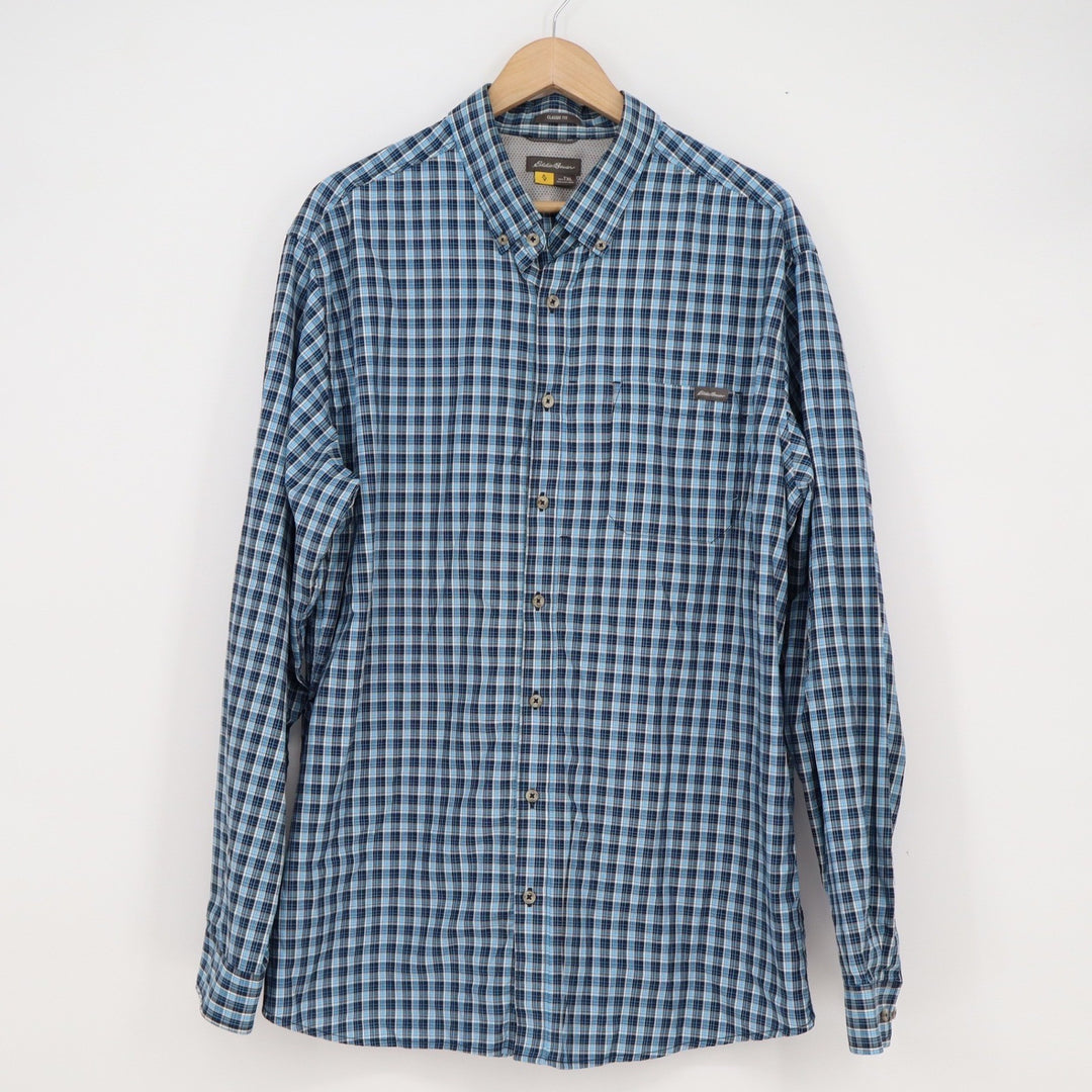 Eddie Bauer Mens Blue Plaid Classic Fit Mesh Lined Button Down Shirt TXL