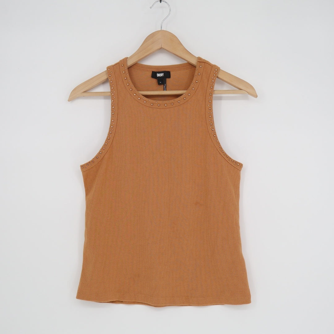 DKNY Tank Top Women Medium Brown Cotton Stretch Ribbed Studded Detail Round Neck