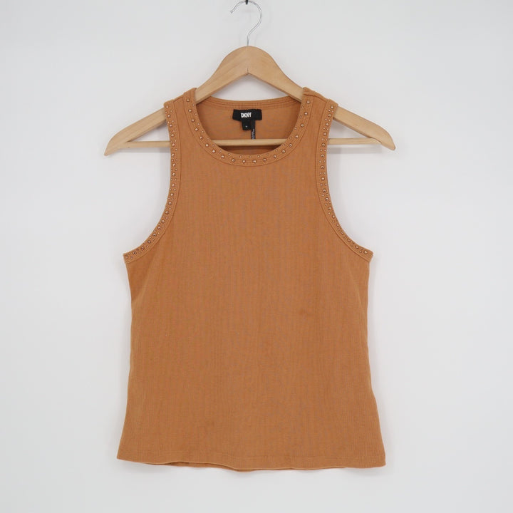 DKNY Tank Top Women Medium Brown Cotton Stretch Ribbed Studded Detail Round Neck
