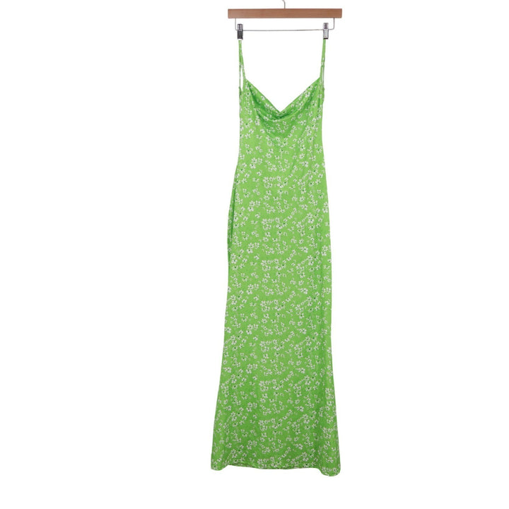 Green Floral Cowl Neck Maxi Dress Open Back Spaghetti Strap Size L