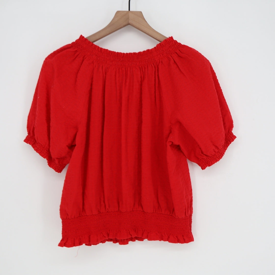 Old Navy Womens Red Smocked Puff Sleeve Peplum Blouse Top Size Large L