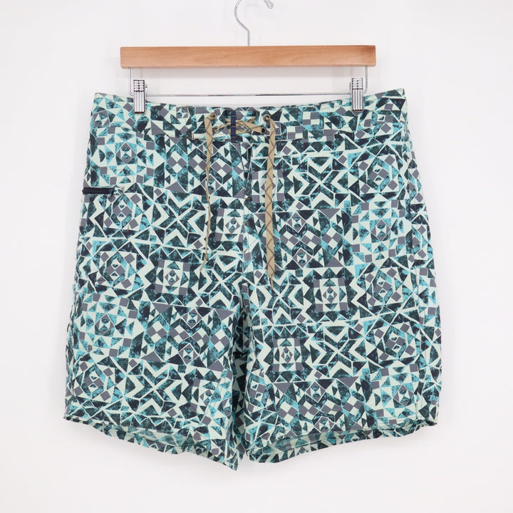 Patagonia Mens 34 Board Shorts Blue Teal Geometric Print Swim Trunks