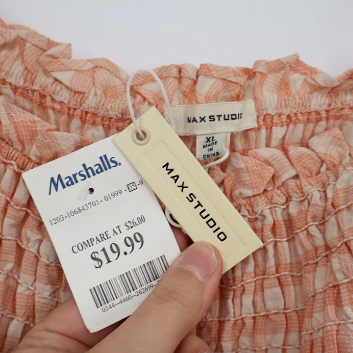 Max Studio Blouse Womens XL Blush Checked Smocked Square Neck Balloon Sleeve