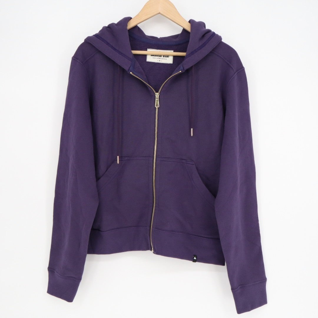 American Giant Hoodie Women Medium Purple Logo Fleece Lined Cotton Warm Full Zip