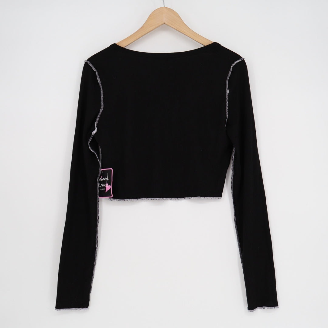 Mixed Threads Crop Top Womens L Black Stretch Waffle Knit Snap Button Round Neck