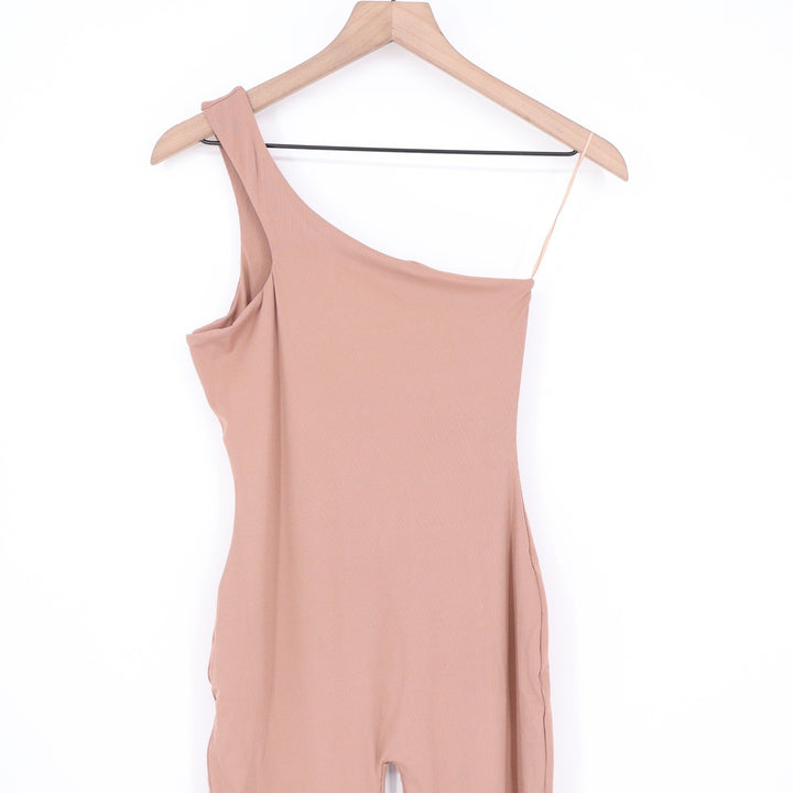 Naked Wardrobe Coco Ribbed One Shoulder Jumpsuit Brown Size M