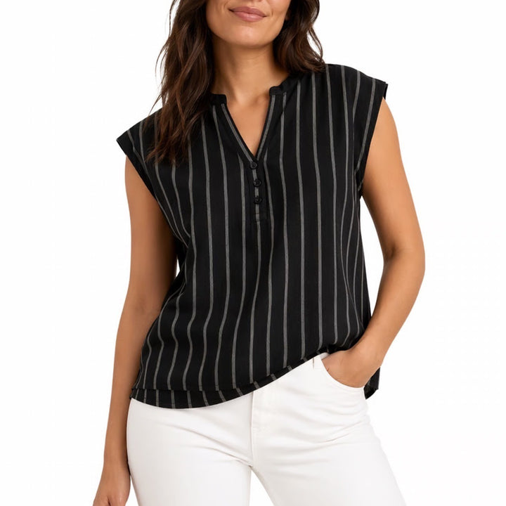 Sanctuary T-Shirt Womens Large Black Brown Striped Linen Short Sleeve Split Neck