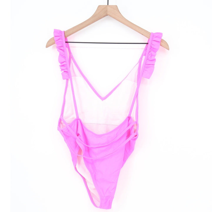 Pink Ruffle Strap V-Neck High Cut One Piece Swimsuit Size L