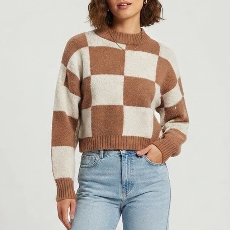 Blu Pepper Brown White Checkerboard Mock Neck Cropped Sweater Womens S