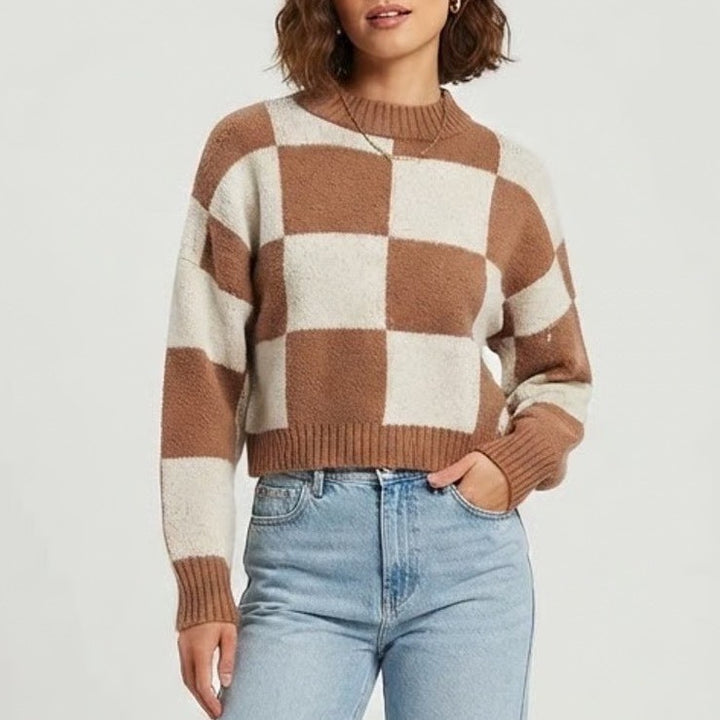 Blu Pepper Brown White Checkerboard Mock Neck Cropped Sweater Womens S