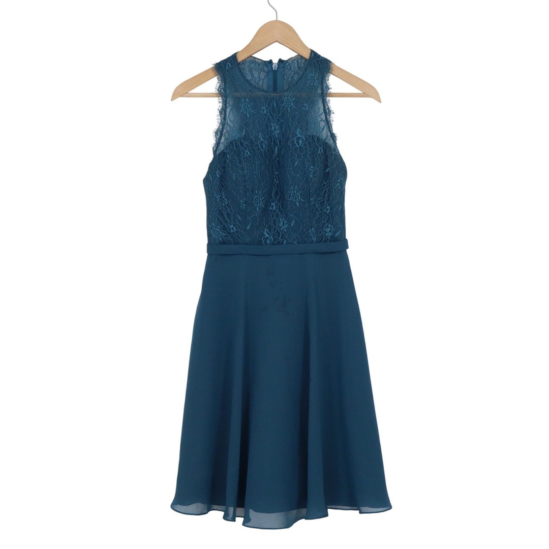 Azazie Peacock Blue Lace Chiffon Fit & Flare Bridesmaid Dress Size A0 Sleeveless