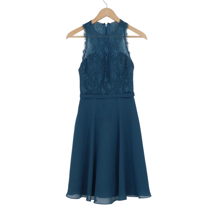Azazie Peacock Blue Lace Chiffon Fit & Flare Bridesmaid Dress Size A0 Sleeveless
