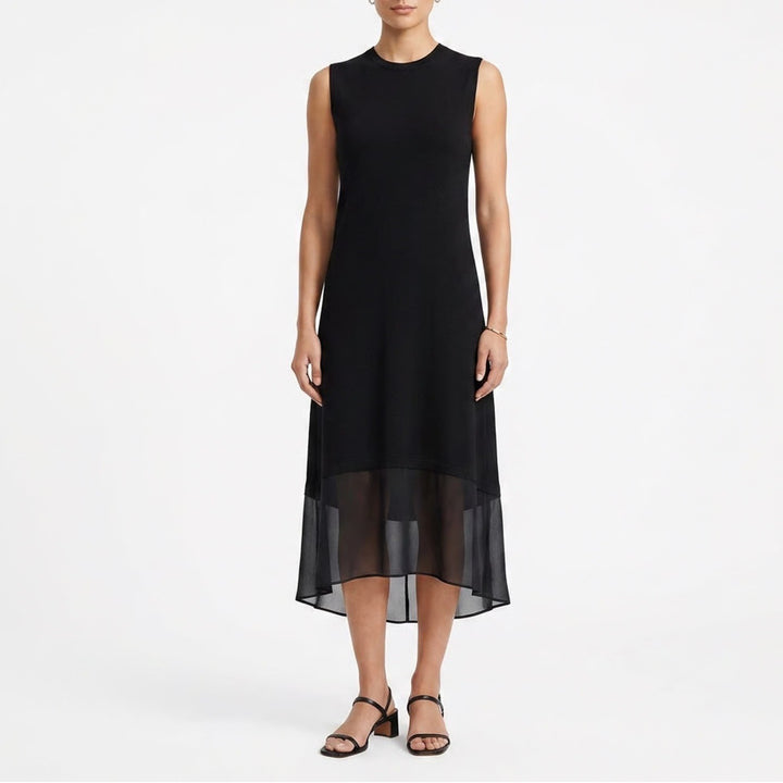 Eileen Fisher Black 100% Silk Sleeveless Layered Sheer Hem Midi Dress Large