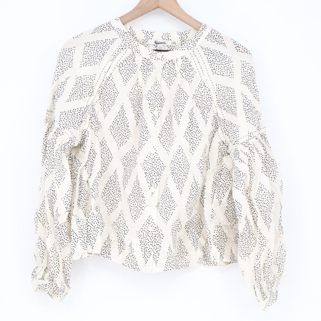 Madewell Shirred Blouse Women's Medium White Geometric Print Balloon Sleeve