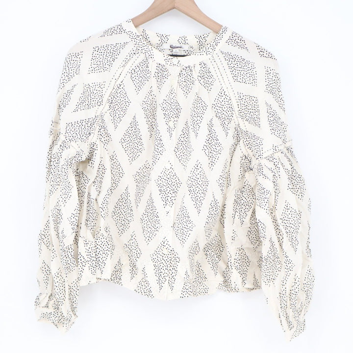 Madewell Shirred Blouse Women's Medium White Geometric Print Balloon Sleeve