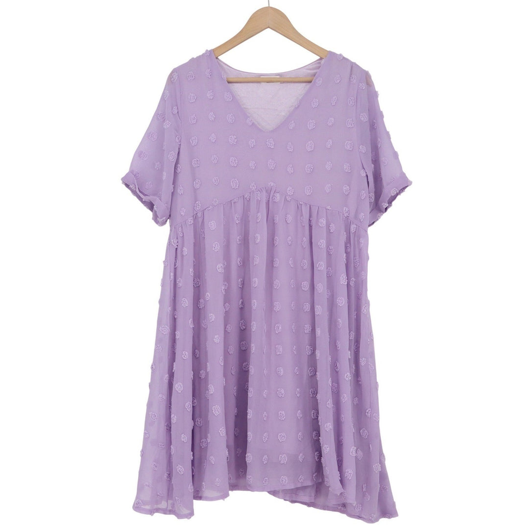 OURS Lavender Purple Swiss Dot Babydoll Mini Dress V-Neck Short Sleeve Medium