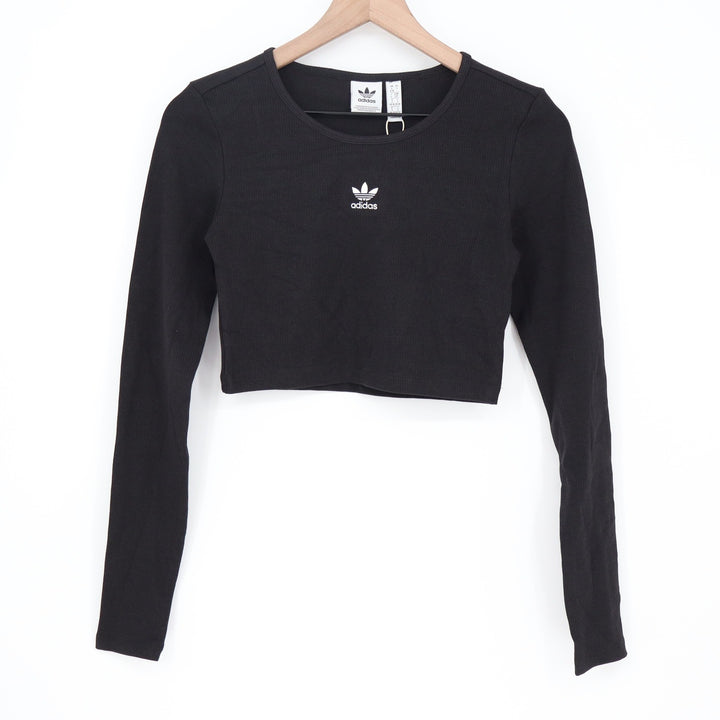 Adidas Originals Womens ESS Crop LS Black Ribbed Long Sleeve Top Size S