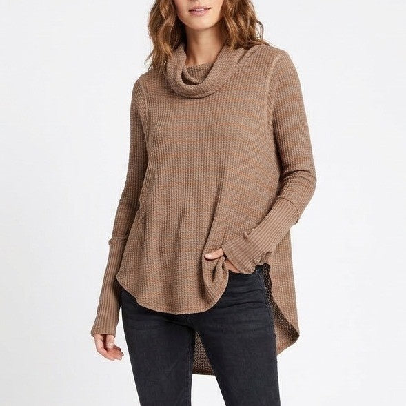 Free People We The Free Wildcat Thermal Top Womens Brown Waffle Knit Cowl Neck