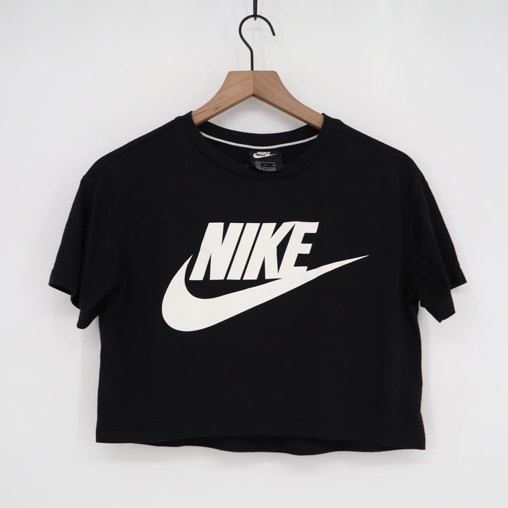 Nike Womens Sportswear Essential Logo Crop Top Black White Logo Small