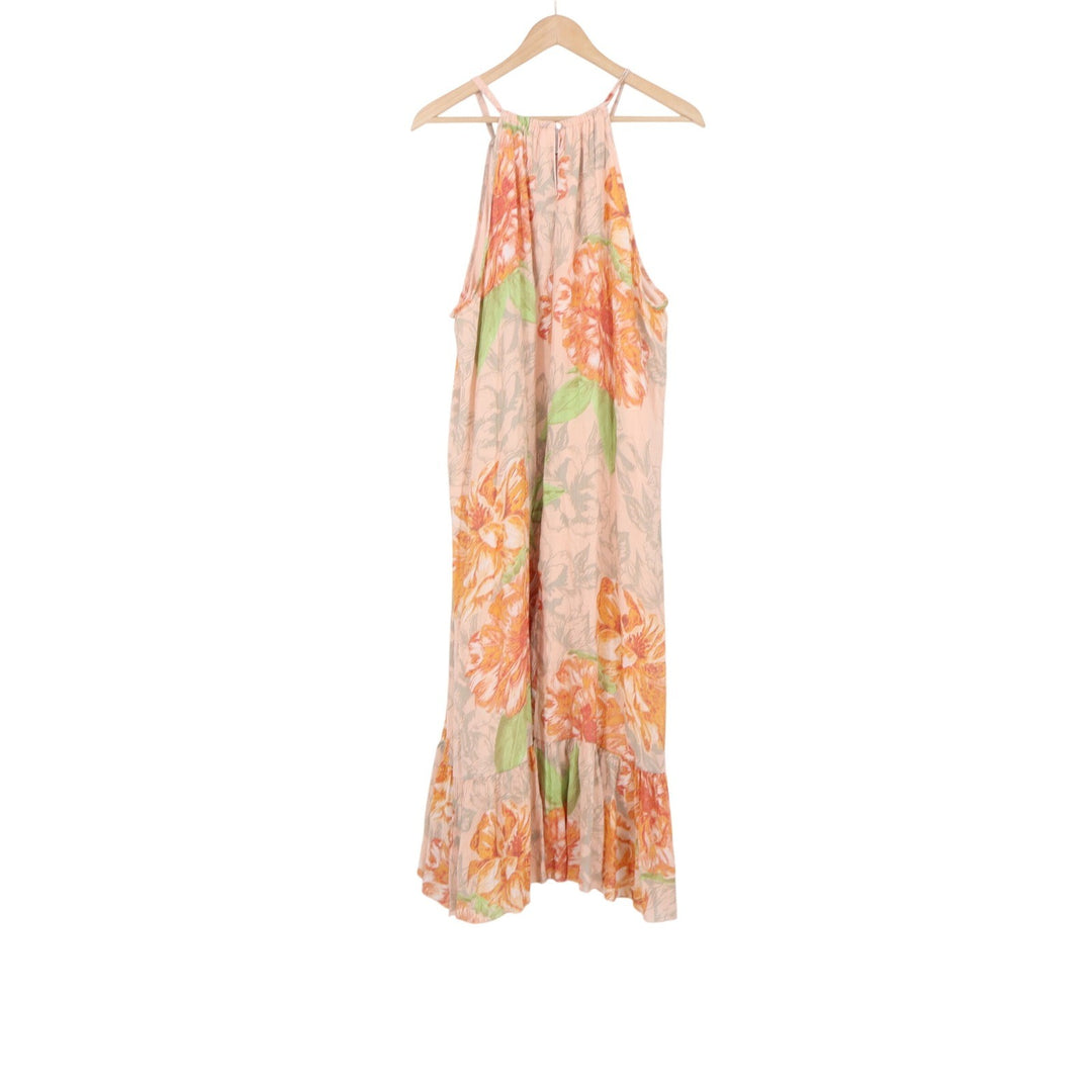 Mlle Gabrielle Dress Womens 2X Maxi Peach Orange Floral Halter Ruffle Excellent