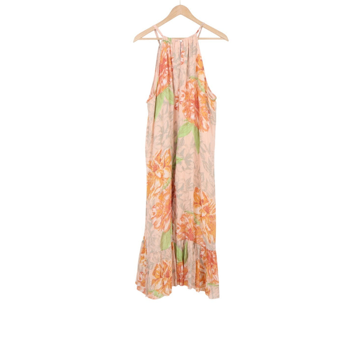Mlle Gabrielle Dress Womens 2X Maxi Peach Orange Floral Halter Ruffle Excellent