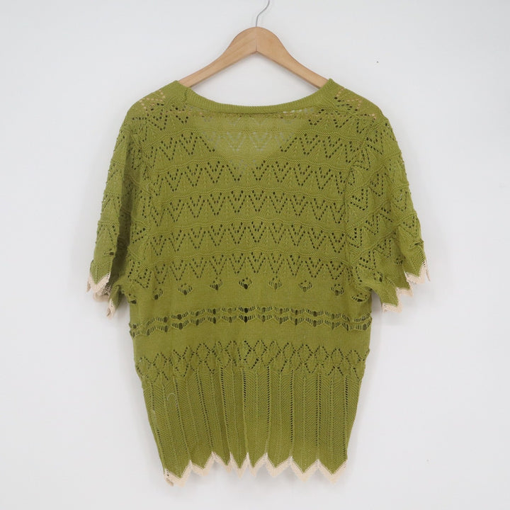 SHEIN Womens 1XL Olive Green Pointelle Knit Short Sleeve Cardigan Scallop Trim